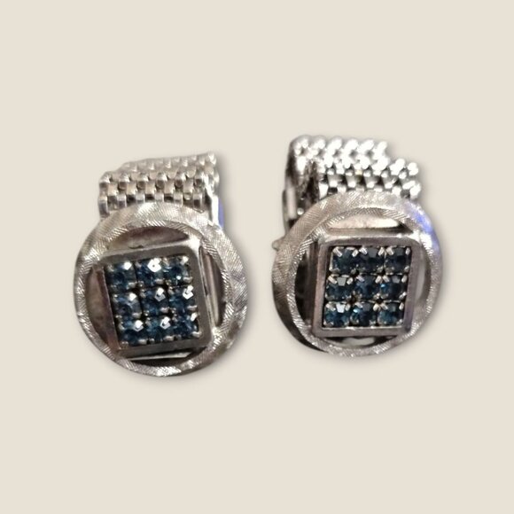 Vintage Silver Cuff Links & Tie Tack Set With Blue Rhinestones - Picture 4 of 6